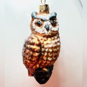 Polish Glass Brown Owl Perched on Tree Branch Christmas Ornament Bird Nature
